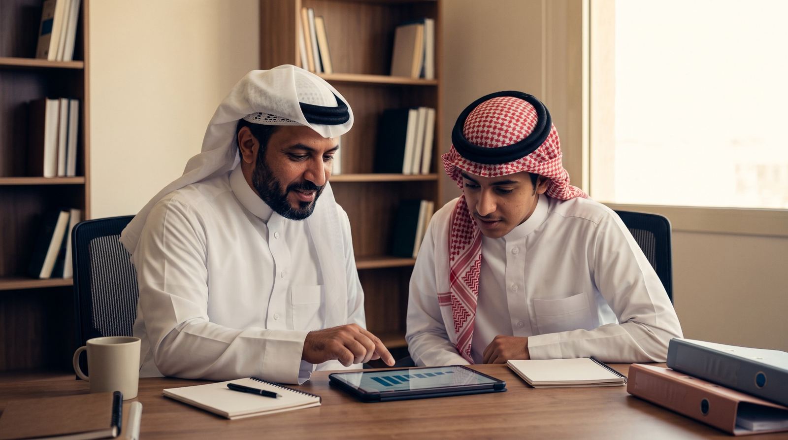 مشرف في جمعية يتابع مع متدرب تقدّمه على جهاز لوحي